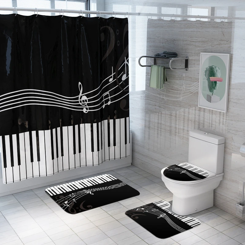 Piano printed Toilet Pad Cover Bath Mat Shower Curtain Set for Bathroom Decoration