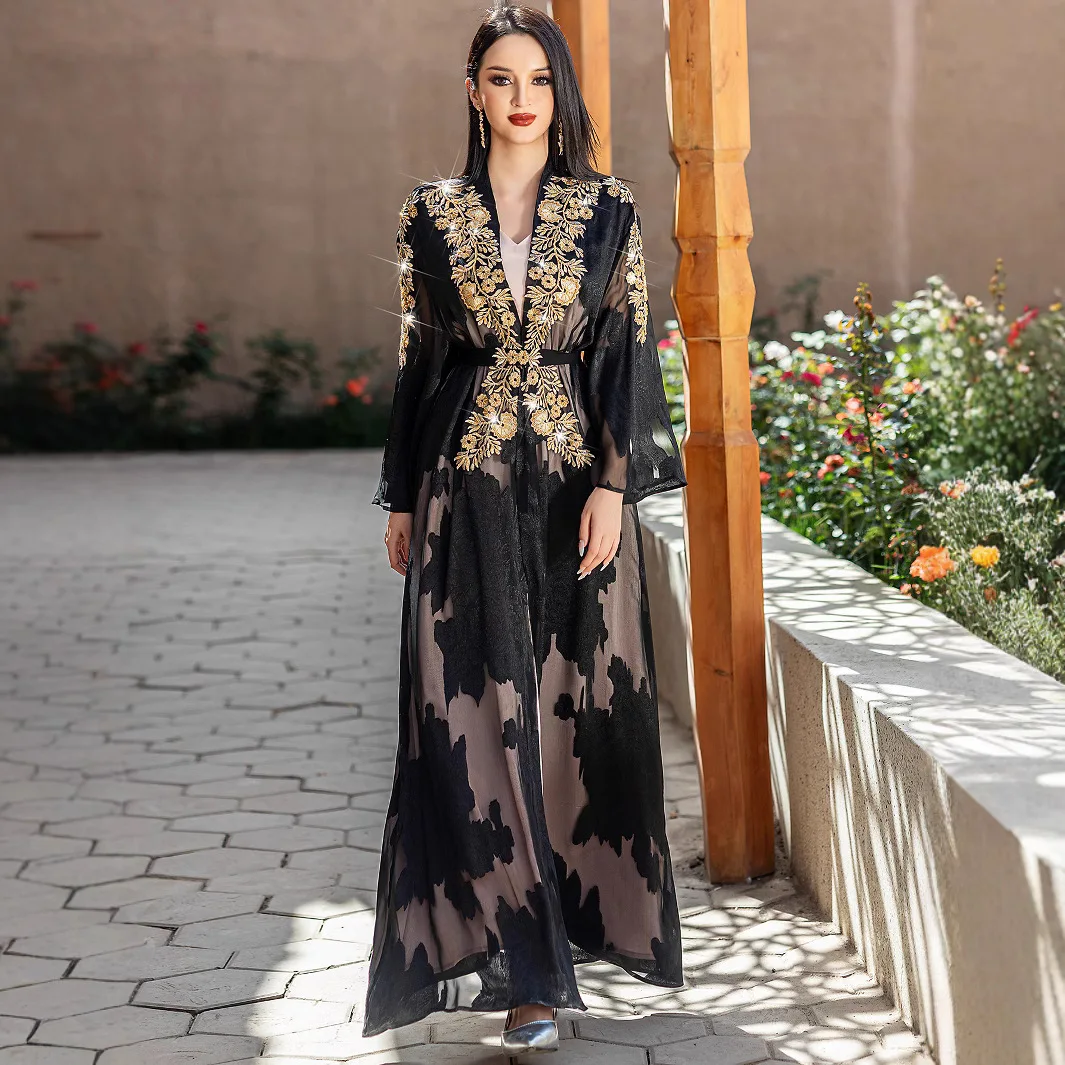 black and gold abaya dress Elegant Black Moroccan Kaftan Abaya Dress with Gold Floral Embroidery Modest Islamic Fashion