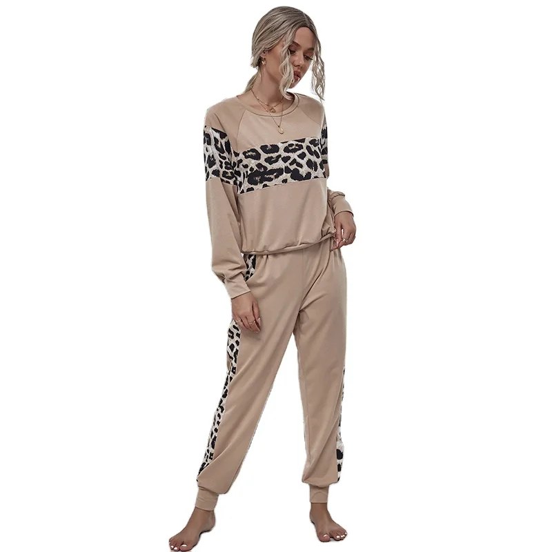
2020 Stitching Long Sleeve Leopard Pattern Round Neck Suit Set 