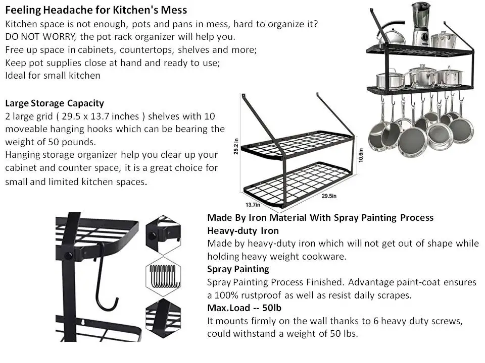 Olla De Metal Rack Montado En La Pared Pan Colgando Rack 1-nivel 2-de