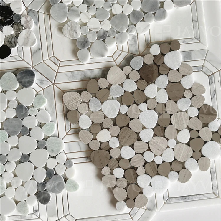 Drama White Peach Shape Marble Mosaic Pebble Stone Mosaic Tiles Floor and Wall Tiles Art and Crafts Mosaic Tiles