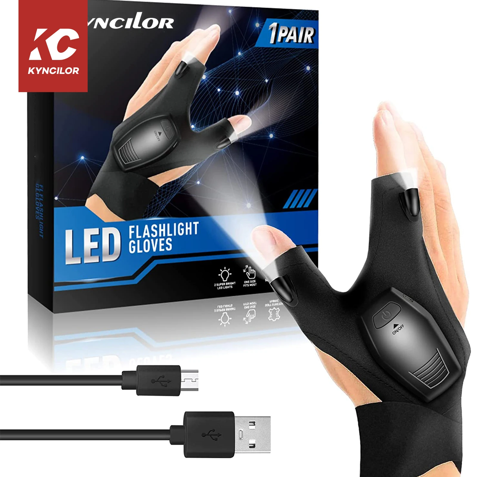 1 Pair Rechargeable Led Flashlight Gloves Waterproof Outdoor Fingerless