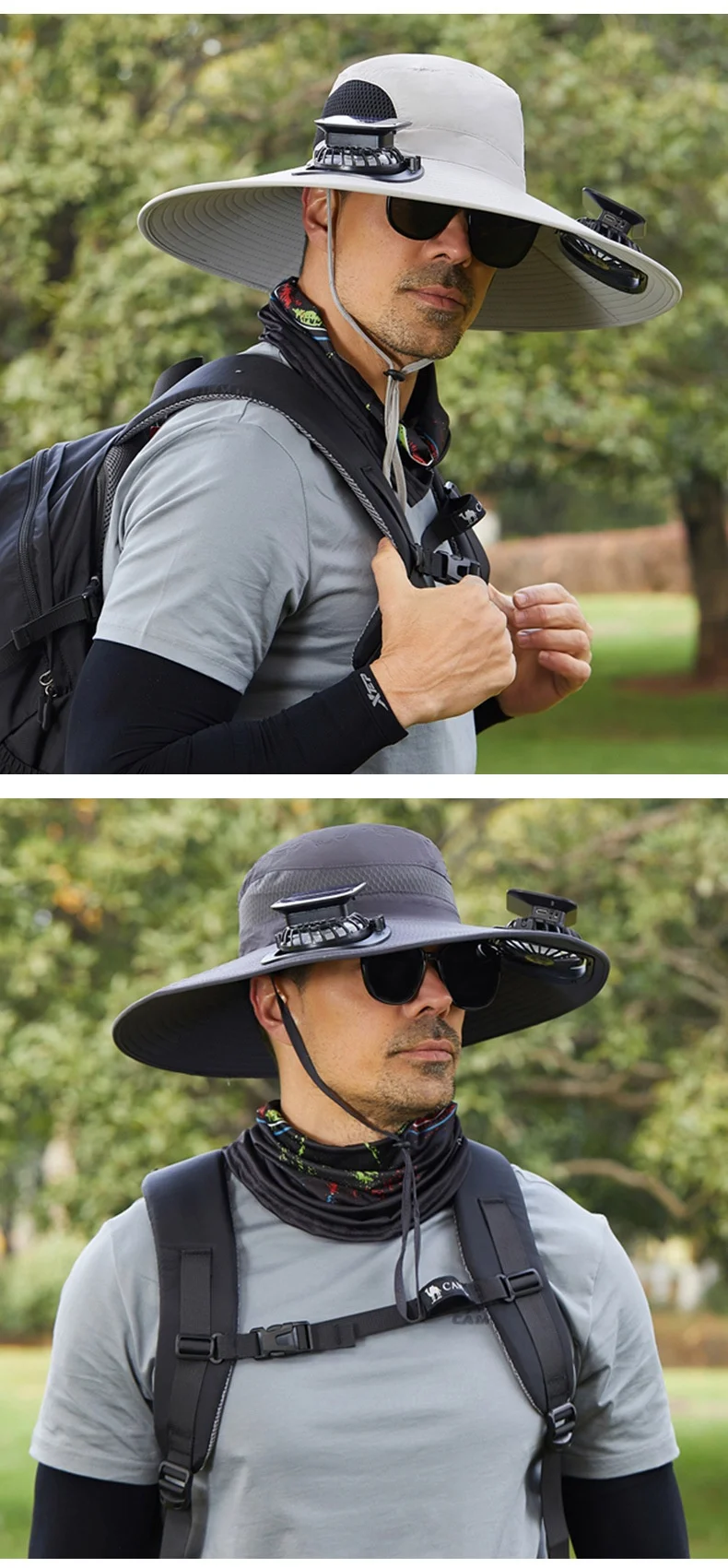 Men's Large Size Quick-Dry Sun Hat Outdoor Camping Hiking Fishing Solar Charging Fisherman Hat Wide Brim Portable Wearable Fans