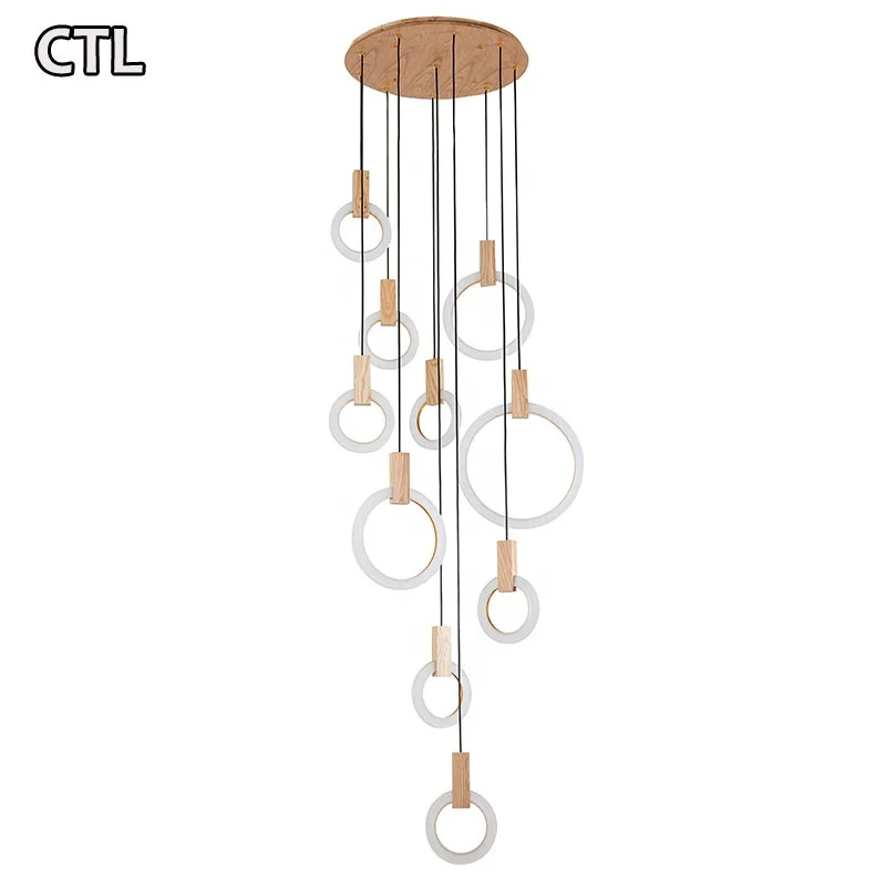 Modern stair chandeliers led tube pendant lamp wood ceiling lights 2020 high quality led aluminum ring pendant light