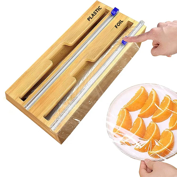 Bamboo Wood Plastic Wrap Dispenser Aluminum Foil And Wax Paper