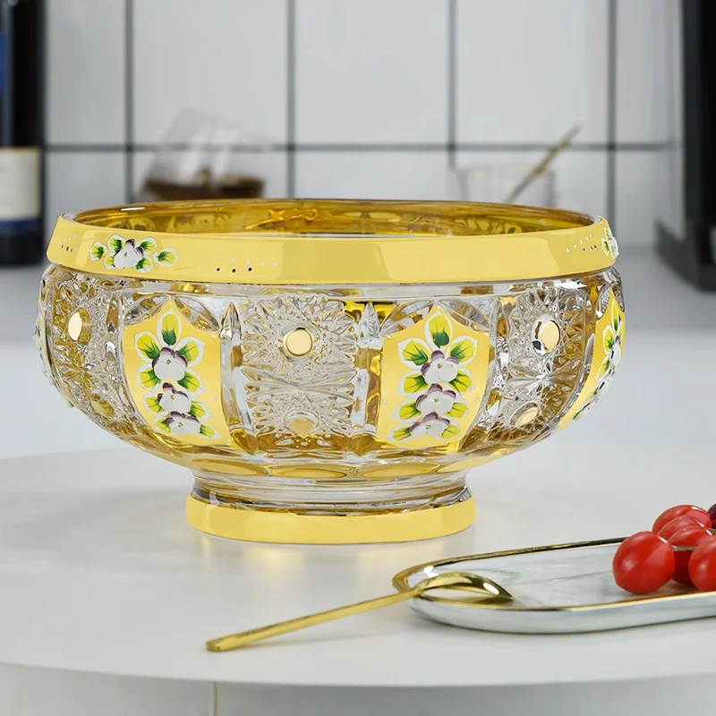 Luxury Fruit Bowl Flower Enamel Glassware Gold Line Home Decoration