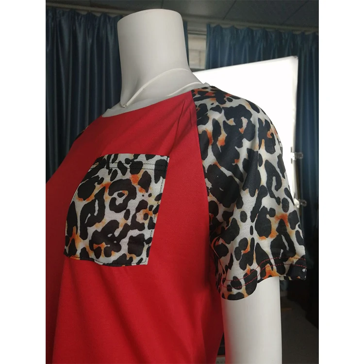 Ladies Fashion Apparel Clothing Summer Top Leopard Sleeve Black T Shirt