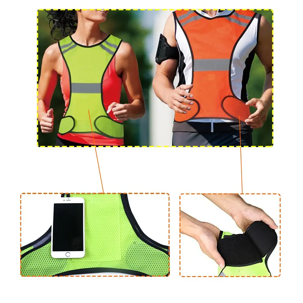 Hi vis Night Running Jogging Cycling Hiking Motorcycle Reflective Safety Vest with Pocket & Adjustable Strap