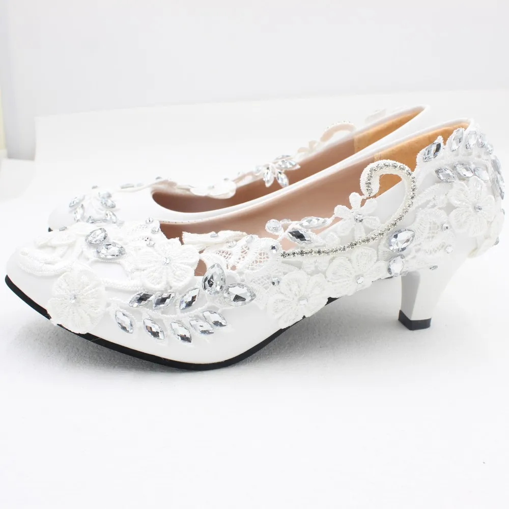 Women's White Wedding Shoes European American Style 8cm High Heels PU Round Toes Large Size Elegant Rhinestone Lace Bridal Shoe