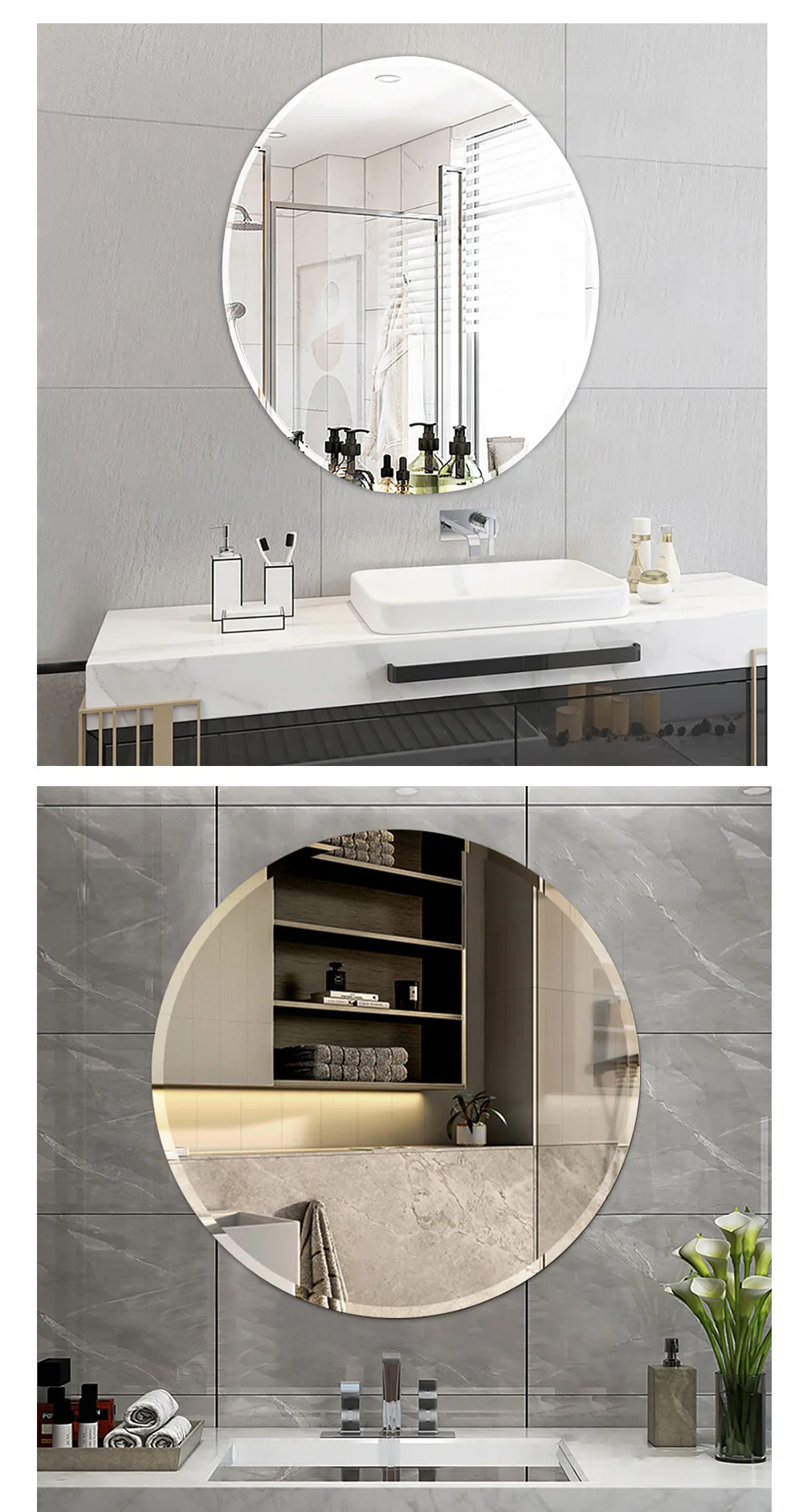 product elegant frameless round mirror crystal clear glass mirror decorative vanity wall mirror for bathroom-1