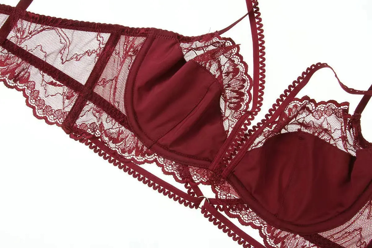 French-Style Ultra-Thin Lace Lingerie Set Red Zodiac Year Bra Large Bust Minimizing Anti-Sagging Breathable Floral Bikini Panta