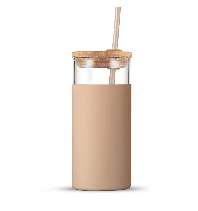 Eco Friendly Glass Tumbler With Bamboo Lid and Straw Protective Sleeve 15 oz 