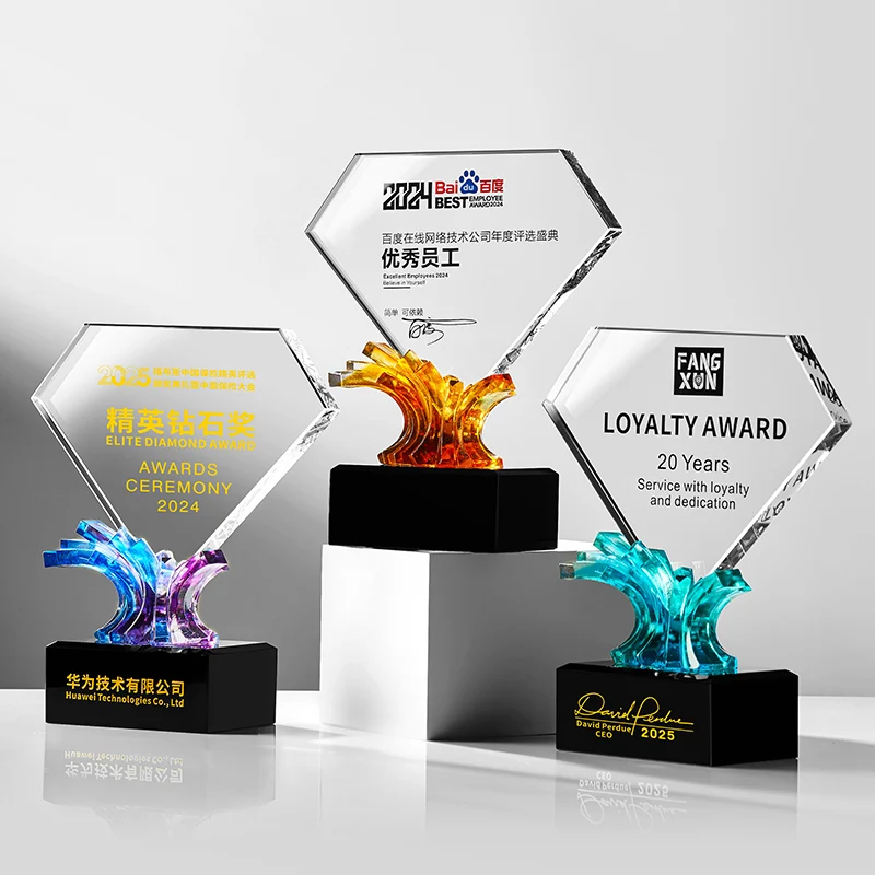 High-Grade Diamond and Wave Shape LiuLi Crystal Trophy Customized Glass Award Laser Printing Polished Technique Souvenir Use details