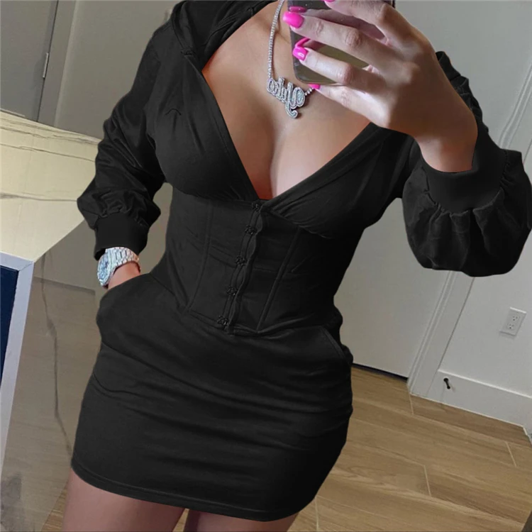 Good Quality Fall 2021 Women Clothes V-Neck Bodycon Sexy Dress Solid Hoodie Dress For Woman Girl Dresses