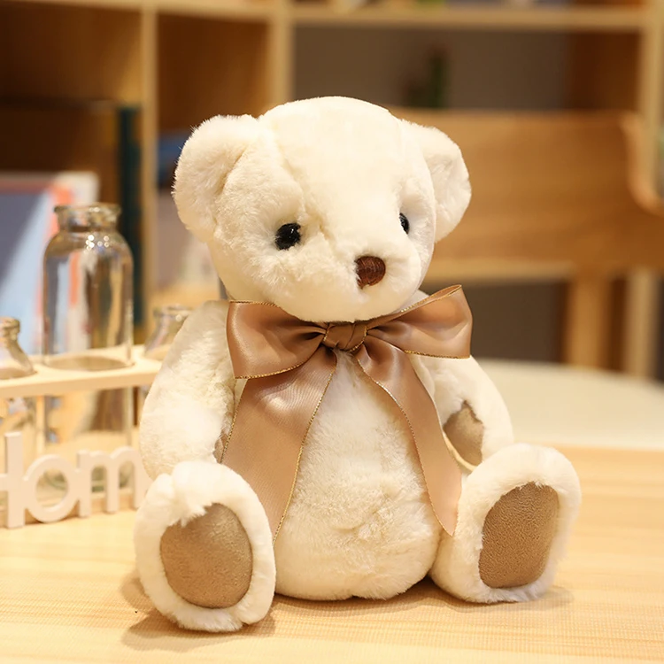 wholesale pink white and brown stuffed animal toy bear plush wearing bow-knot