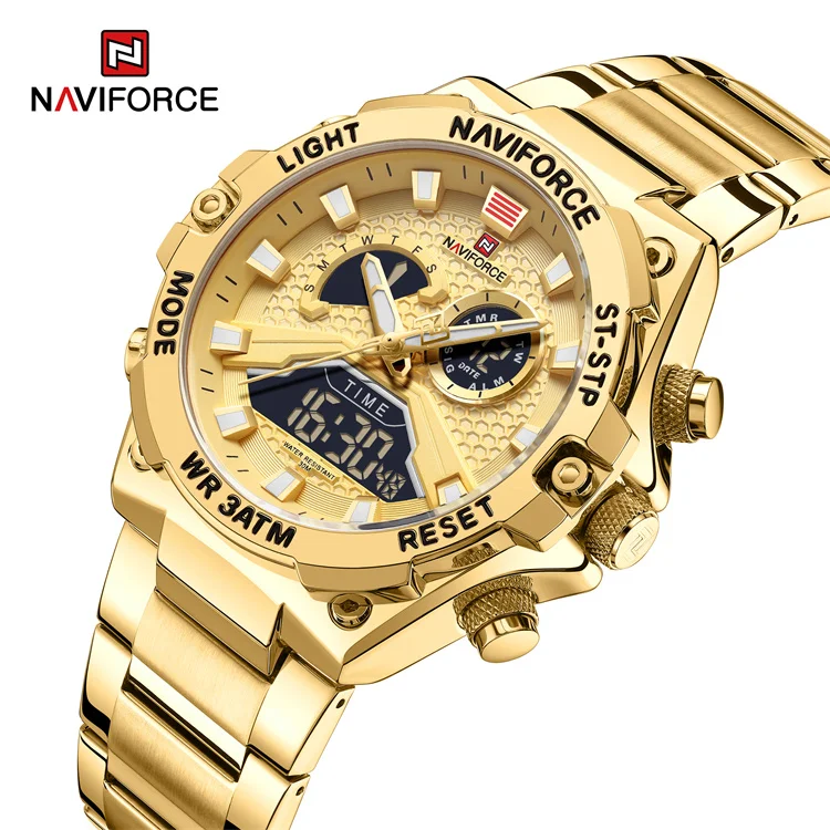 NAVIFORCE 9207 GGG Luxury watch gold big Dial Analog LCD Digital quartz watches for men Alloy case 30m waterproof wrist watch Alibaba