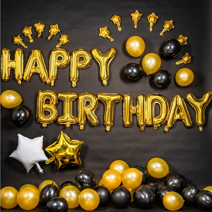 1Set DIY Black And Gold Happy Banner Star Heart Balloon Birthday Party Decor New 