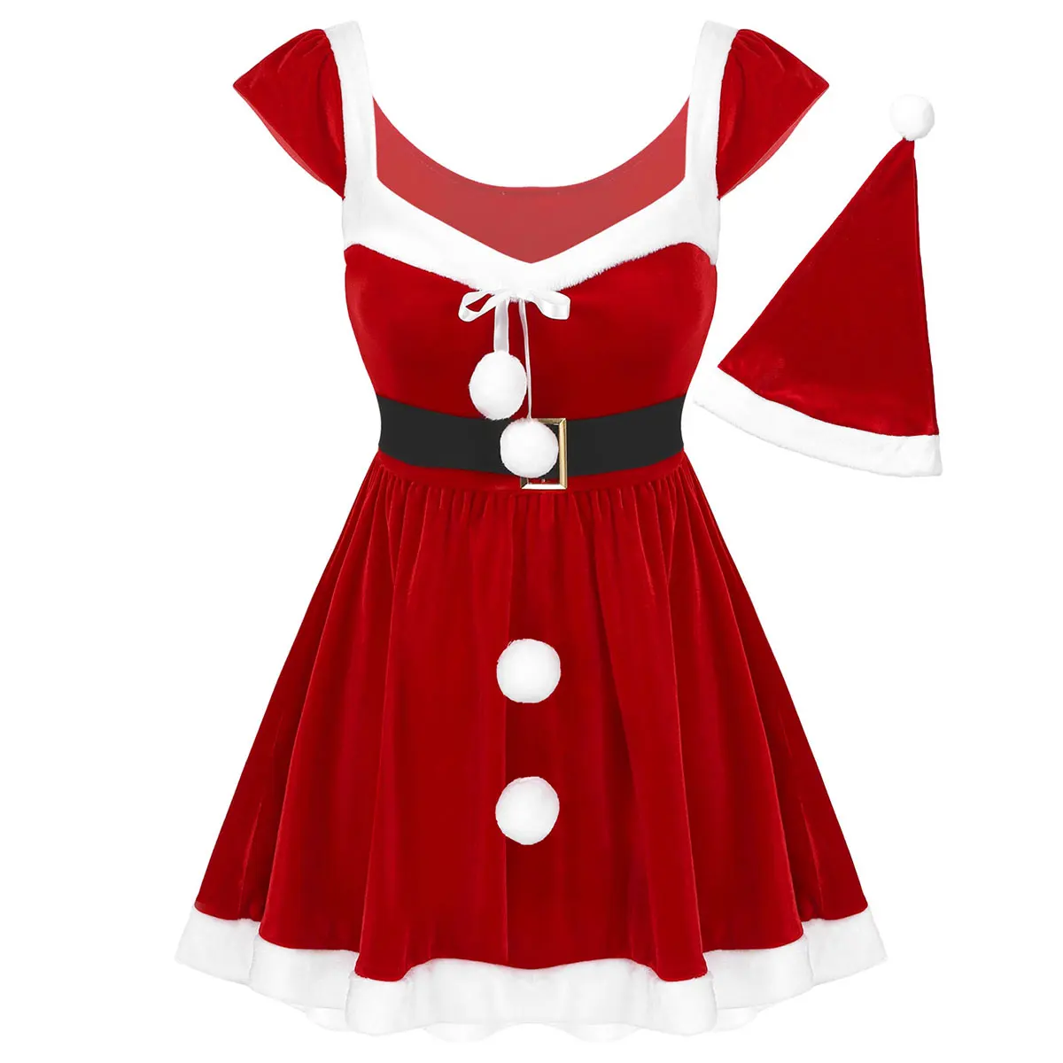 2pcs圣诞礼服女性成人时尚软天鹅绒圣诞化妆舞会礼服白色法兰绒镶边