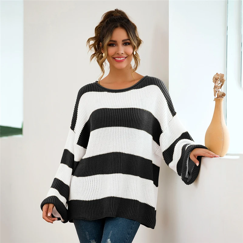 Women Casual Stripe Print Crew Neck Long Sleeve Loose Fit Knit Fashion