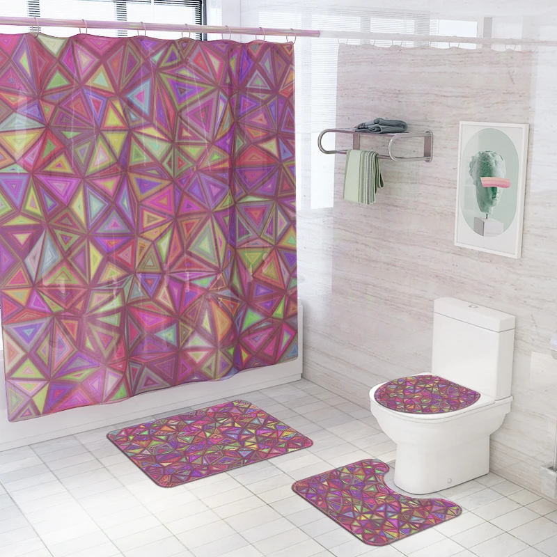 geometry waterproof polyester fabric 4 piece bathroom rug mat and shower curtain sets
