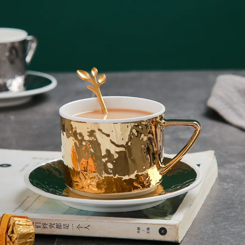 High Quality Luxury Gold and Silver Ceramic Coffee Cup and Saucer Set Porcelain Tea Cup for Restaurant supplier