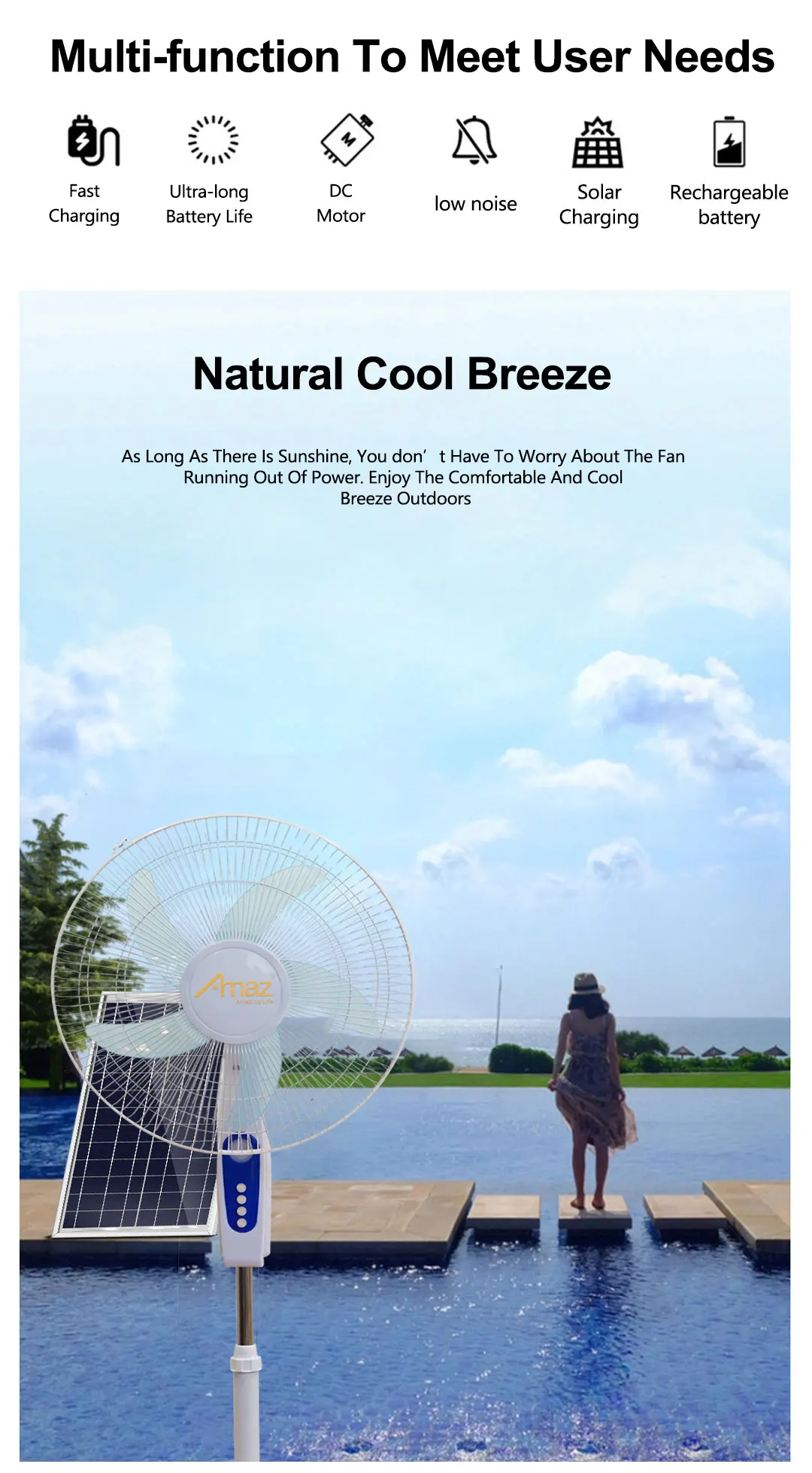 Rechargeable Standing Solar Fan, Portable, 7.4V - detail 4