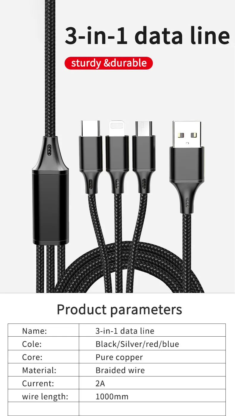 3 in1 Multi Charger Cable Cord IOS Type C Micro USB Data Sync Fast Charging - ANKUX.COM