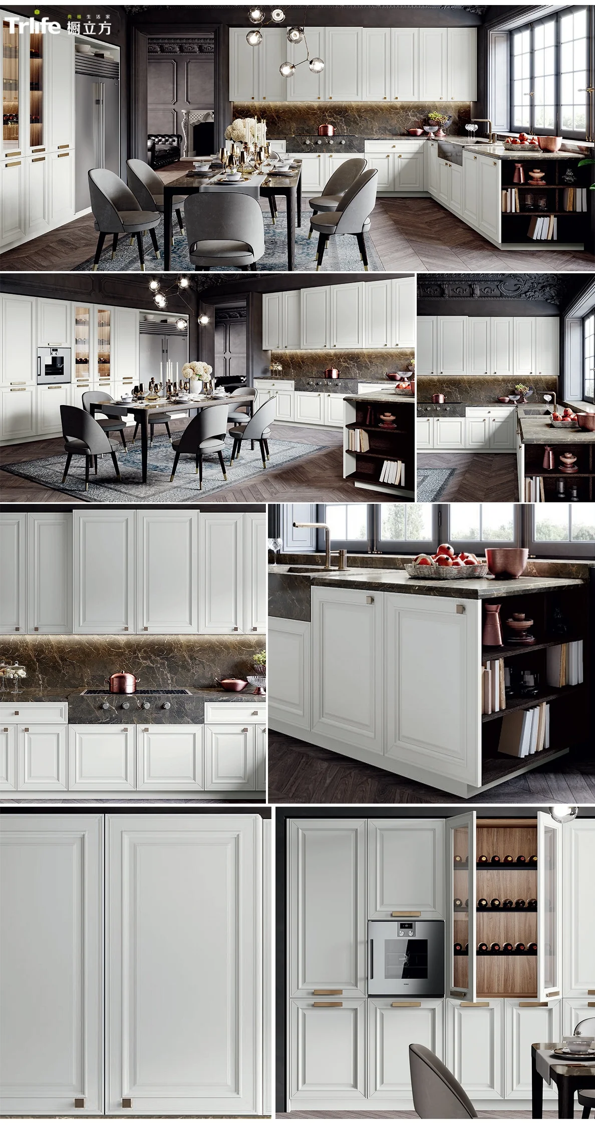 Custom top quality luxury european market wall and modular combination white solid wood kitchen cabinet