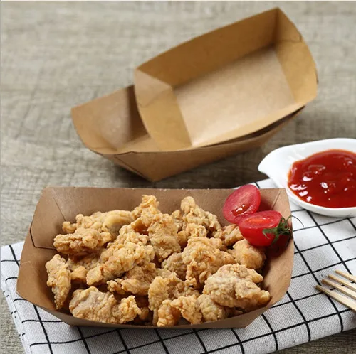 Disposable Kraft Brown Paper Tacos Trays Fast Food Paperboard Boats 