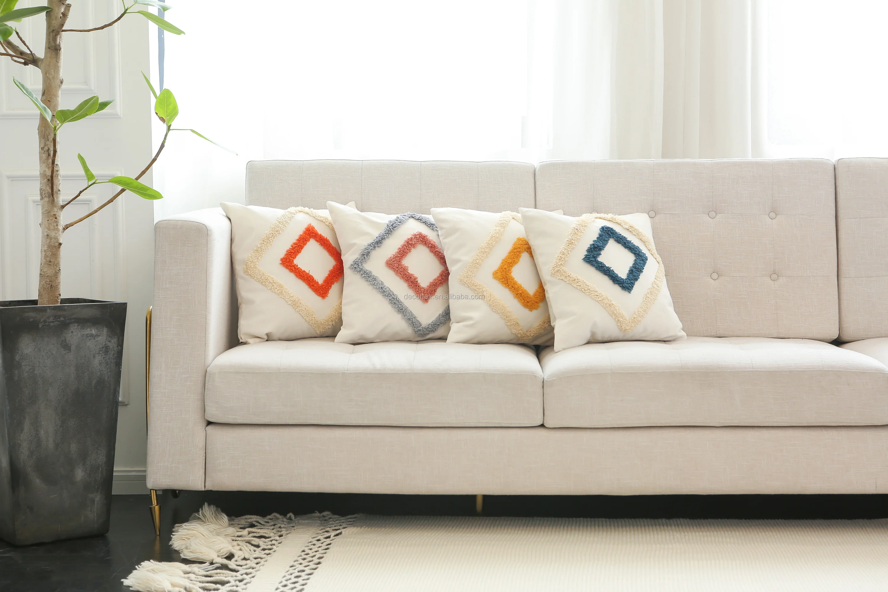 70产品名称 波西米亚簇绒奶油色白色柔软长毛绒几何抛物枕套沙发坐垫