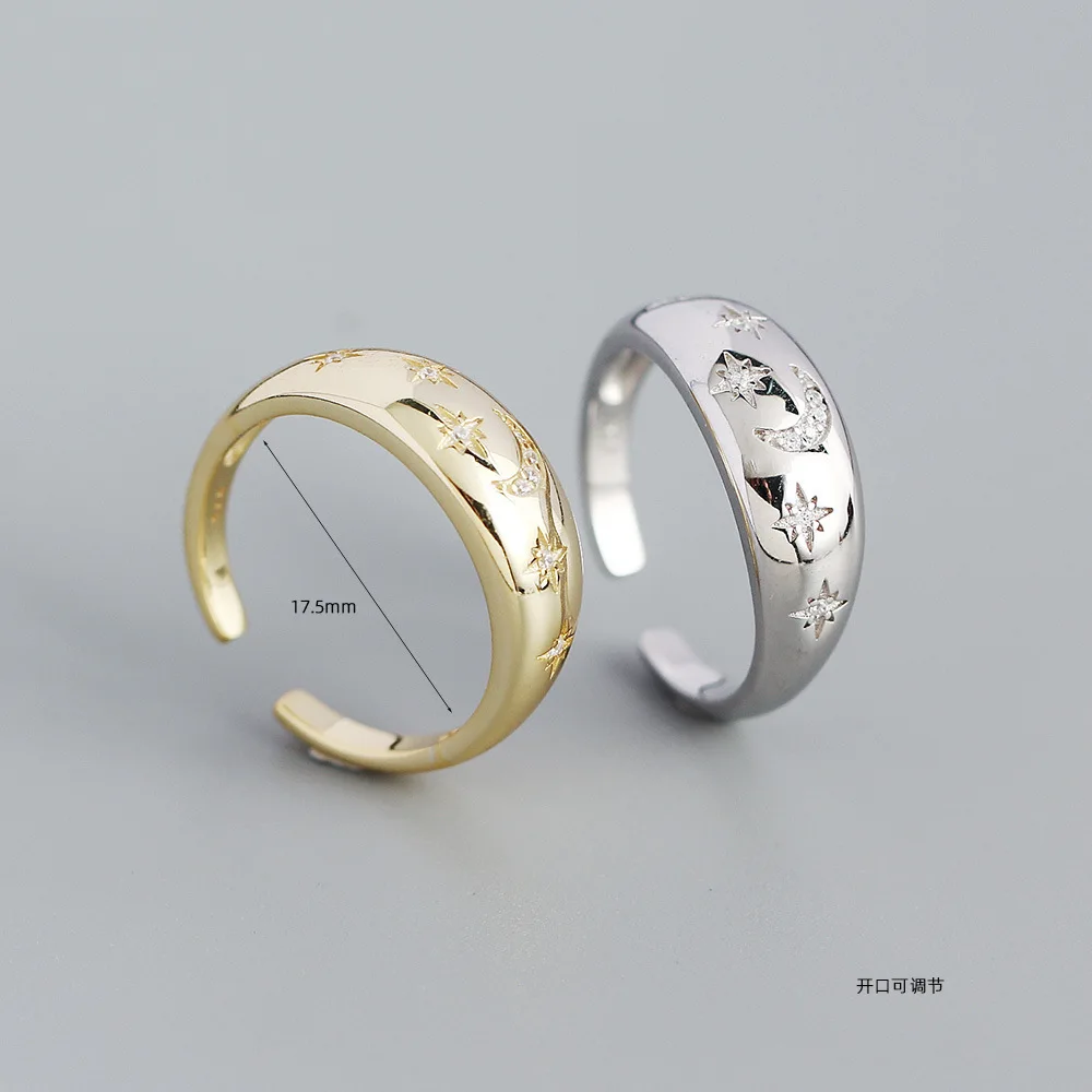 Women's Retro Light Luxury S925 Silver Ins Ring with Geometric Star Moon Diamond Niche Opening Lab Diamond Ring