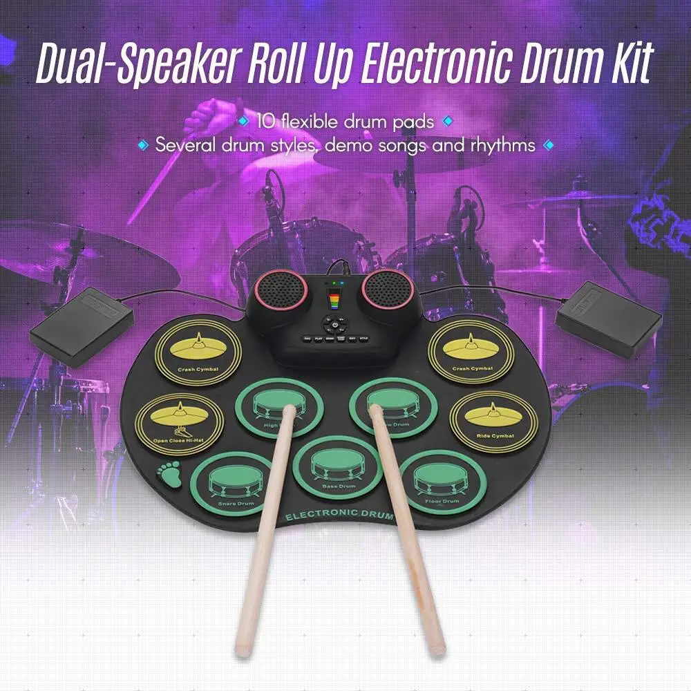 Electronic Drum Set Portable Electronic Roll Up Practice Pad Drum Kit with Built in Speakers Foot Pedals,Drum Sticks,13Hours Playtime Holiday Birthday Gift for Kids Beginners 