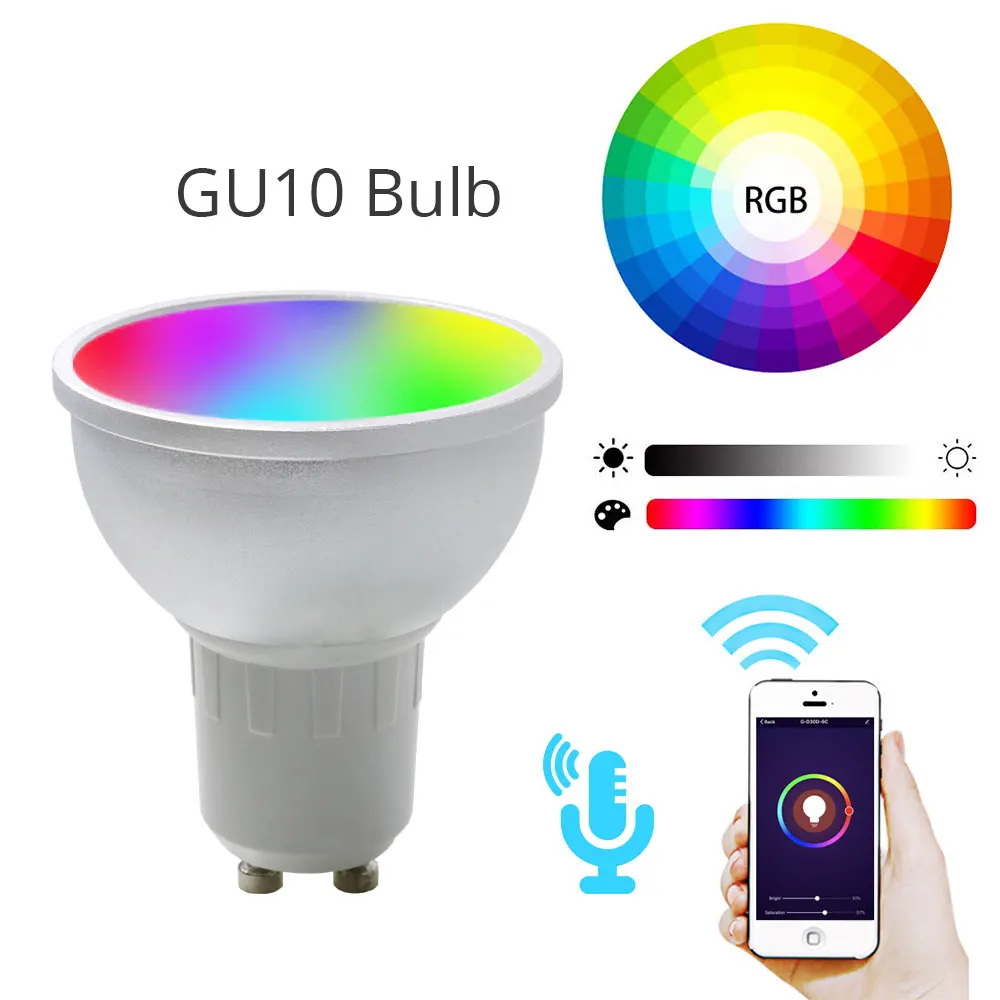 Voice Control 5W RGBW LED GU10 Smart Spotlight CCT Color Changing 2700K-6000K Wifi Bulb