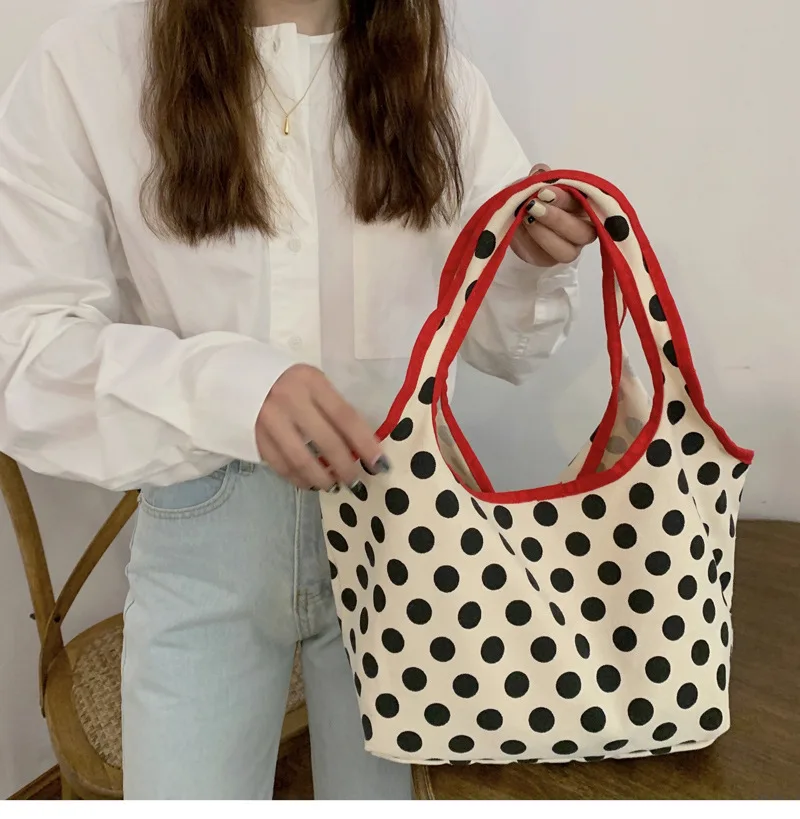 2024 Japanese Style Canvas Shopping Bag Fashionable Dot Casual Shoulder Handbag Outdoor Canvas Shopping Bag