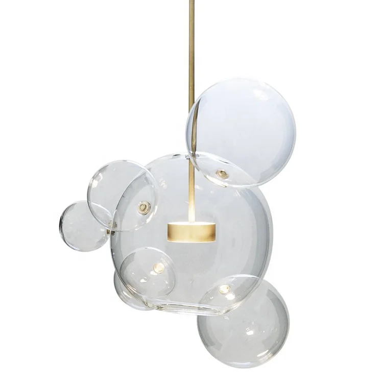 Design Fancy Plated Golden Body Clear Round Bubble Glass Ball Hanging Pendant Lamps For Living Room