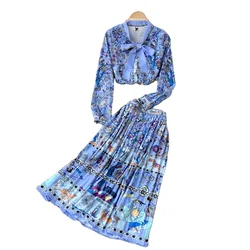 Ladies style temperament suit ladies blouse retro palace style printing heavy industry pleated skirt fashionable two-piece suit