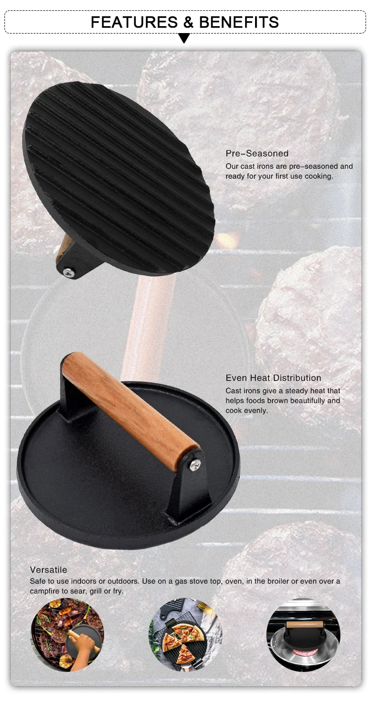 Bbq Grill Weight Press Wood Handle Cast Iron Round Bacon Hamburger