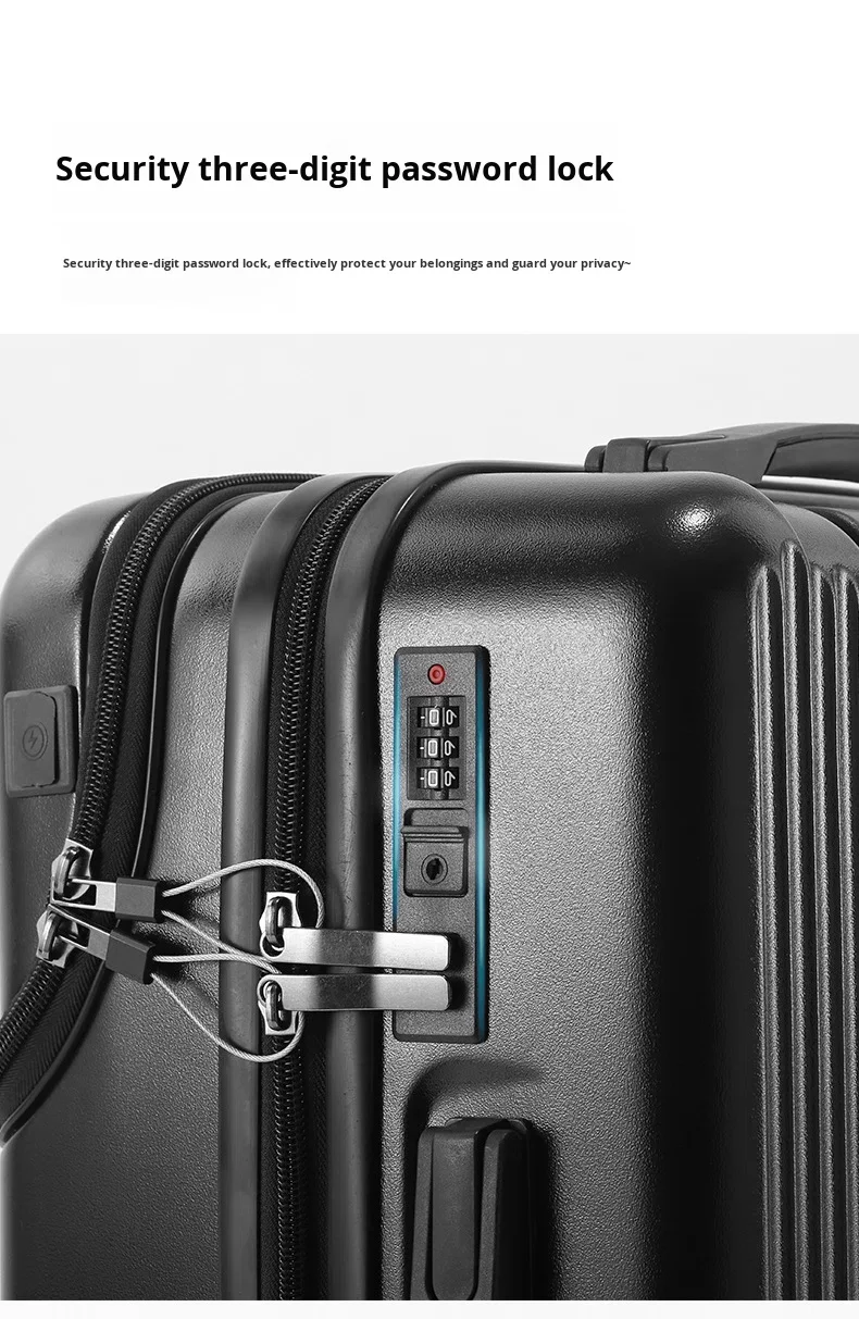 product 2026 new design front opening pocket luggage charging usb cup holder abspc spinner anti theft 20 inch boarding travel suitcase-13