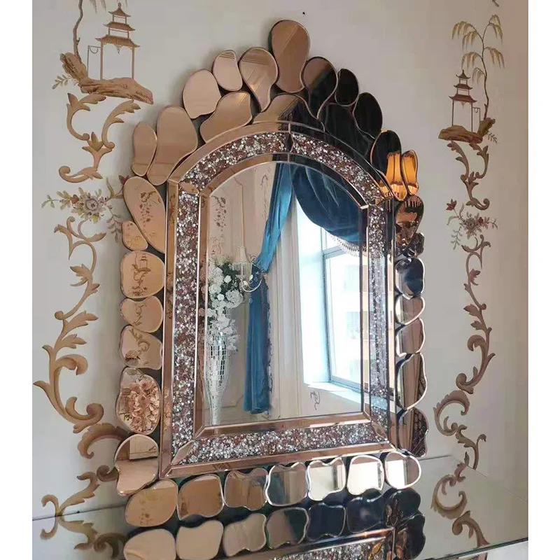 Unique Gold Curved Wall Mirror Diamond Crushed Crystal Decorative Wall Mirror Buy Wall Mirror