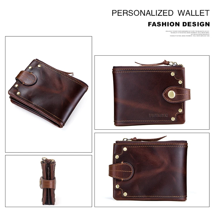 Contact's Genuine Leather Retro Wallet for Men RFID Blocking Bifold 3 frames and Zipper Notes Compartment