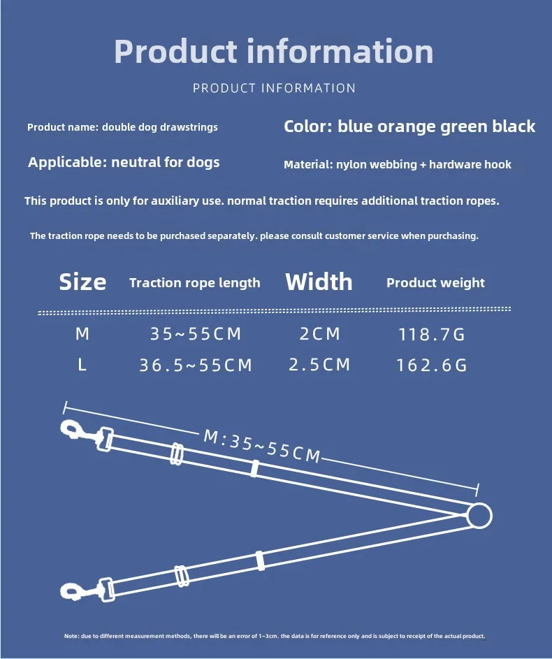 Double-Headed Reflective Eco-friendly Nylon Dog Walking Leash Solid One-to-Two Strap with Ribbon Decoration for Large Breed Dogs