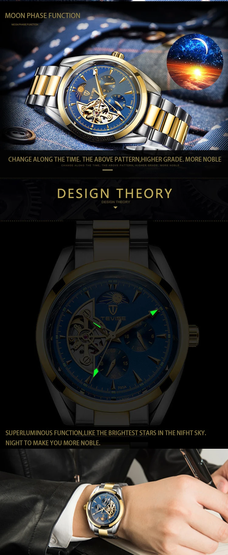 TEVISE 795A new design gold man mechanical watch potty steel Strap Waterproof moon phase full automatic business watch design