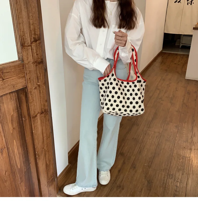 2024 Japanese Style Canvas Shopping Bag Fashionable Dot Casual Shoulder Handbag Outdoor Canvas Shopping Bag