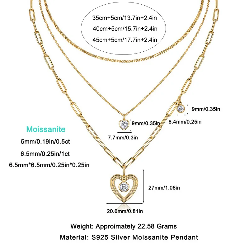 Autumn Winter Fine Woolen Chain 925 Sterling Silver Stacked Heart-Shaped Pendant Moissanite Necklace Golden Finish Gold Plated