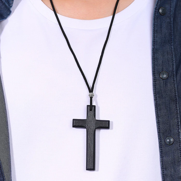 Handmade Vintage Leather Cord Wooden Cross Necklace For Men And Women