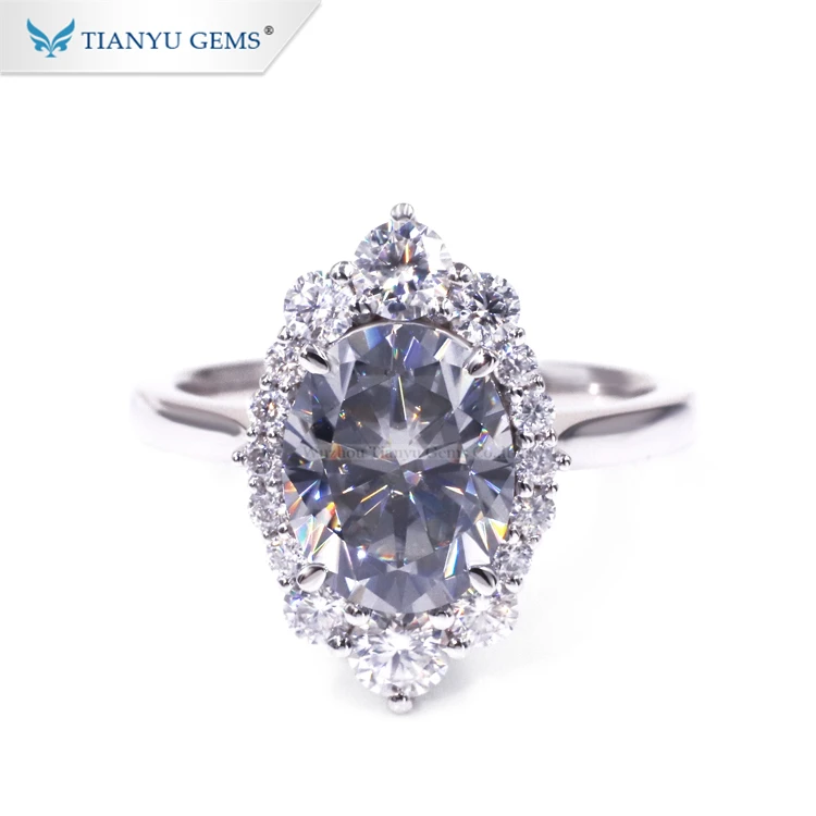 Tianyu Gems 14K 18K Solid White Gold 10x8MM Oval Cut Dark Gray Luster Moissanite Diamond Rings