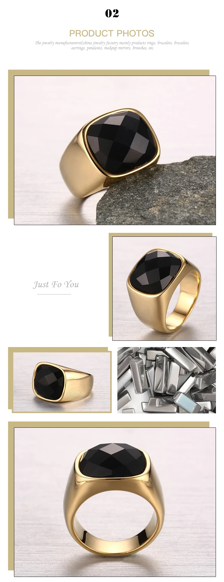 European and American jewelry wholesale stainless steel  customized agate gold men's ring RC-260