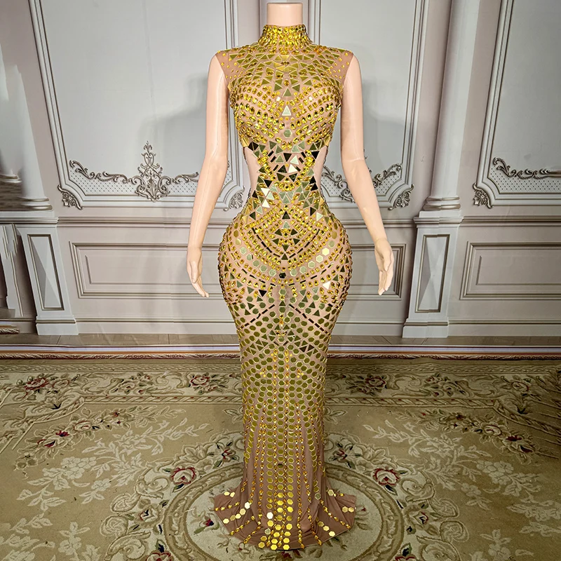 gold party dresses for women Luxury Crystal Gold Evening Dress with Cape Sleeve SS268