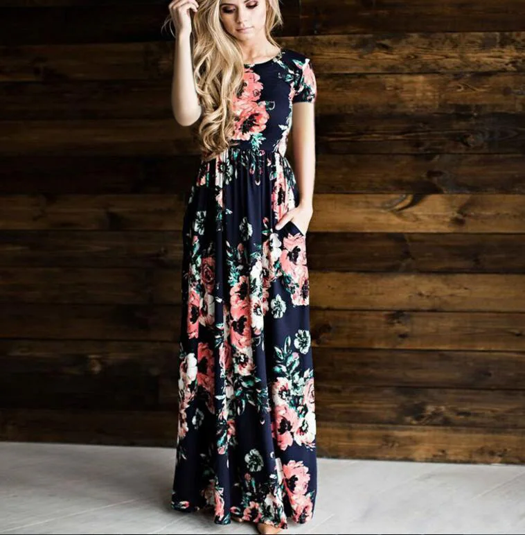Hot Selling Stretched Floral Print Long Sleeve Casual Maxi Dresses ...