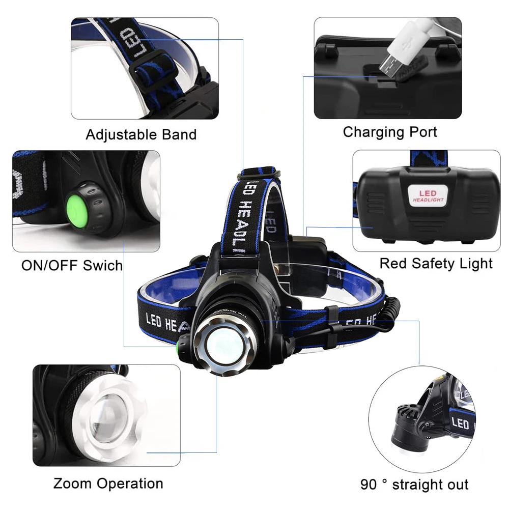 High Power USB Rechargeable Red Light Headlamp Led T6 Head Lights Camping Mining 18650 Lithium Aluminum Head Torch Headlamp factory